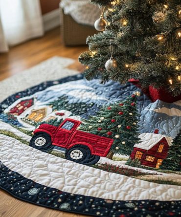 Red Christmas Truck Quilted Tree Skirt - Charming Vintage Pickup With Plaid Trim, 48-Inch Durable Holiday Skirt, Heavy-Duty Stitching, Machine Washable, Farmhouse Friendly