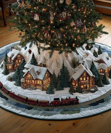 Festive Train Quilted Christmas Tree Skirt — Whimsical Train Design, Durable Stitching, Perfect For Family Holiday Displays