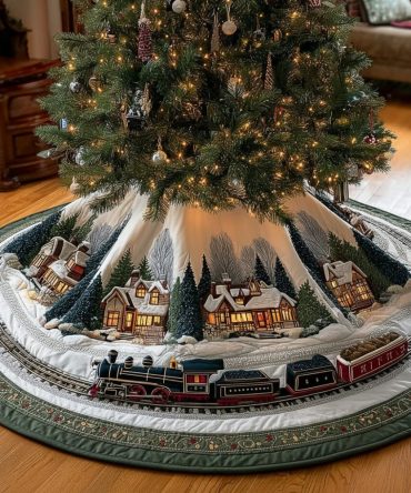 Snowy Rails Quilted Christmas Tree Skirt — Scenic Winter Train Rails, Plush Quilting, Holiday Accent For Home & Gift Tables