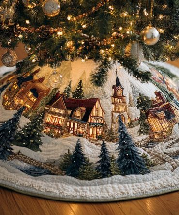 Premium Winter Clock Quilted Holiday Tree Skirt — Festive Village Clock Scene, Soft Cotton-Blend, Gift-Ready Christmas Décor