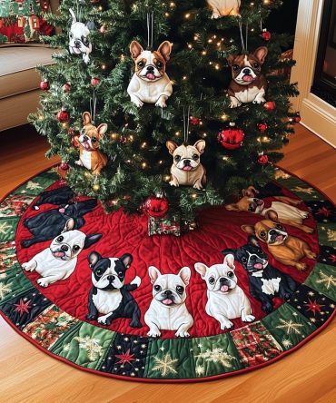 Christmas With Frenchies Quilted Tree Skirt — Festive Dog-Lover Holiday Décor, Plush French Bulldog Print For Cozy Trees