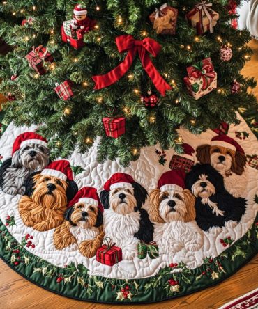 Yorkshire Terrier Christmas Quilted Tree Skirt — Charming 'Christmas With Yorkshire' Design, Soft Quilting, Durable & Perfect For Yorkie Fans