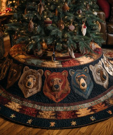 Boho Quilted Christmas Tree Skirt — Circle Of Guardians Design, Tribal-Inspired Holiday Base With Rich Textured Quilting