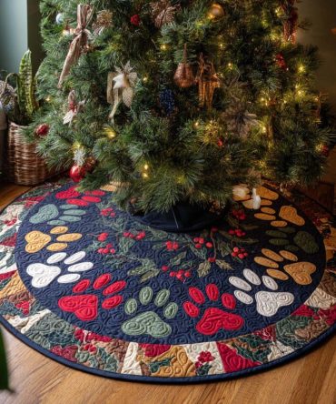 Classic Paws Quilted Christmas Tree Skirt — Timeless Paw-Print Holiday Skirt, Quilted Base For Elegant Pet-Friendly Decor