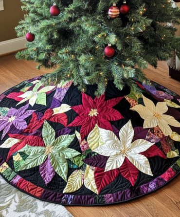 Classic Quilted Poinsettia Tree Skirt — 48In Timeless Christmas Floor Cover With Detailed Floral Applique & Soft Texture
