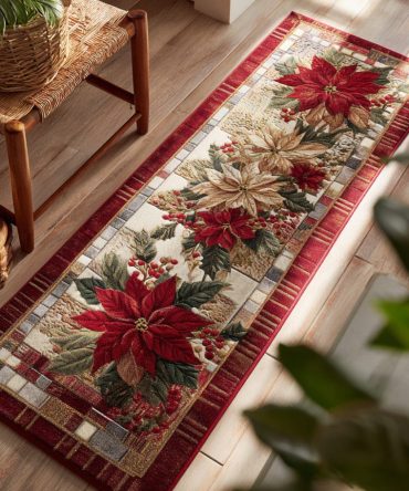 Classic Poinsettia Red & Green Runner Rug — Traditional Holiday Hallway Carpet, Durable Low-Pile, Timeless Festive Floral Design