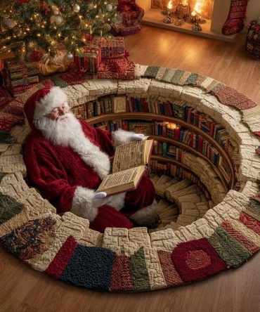 Santa Library Cozy Round Rug — Warm Claus Library Circular Area Rug For Reading Nooks, Living Rooms & Holiday Corners, Soft Pile & Non-Slip