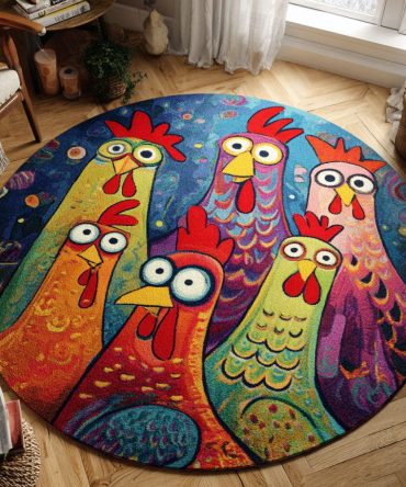 Playful Cluck-In Colors Circular Area Rug — Bright Farmhouse Accent Rug, Kids-Friendly, Stain-Resistant, Machine Washable