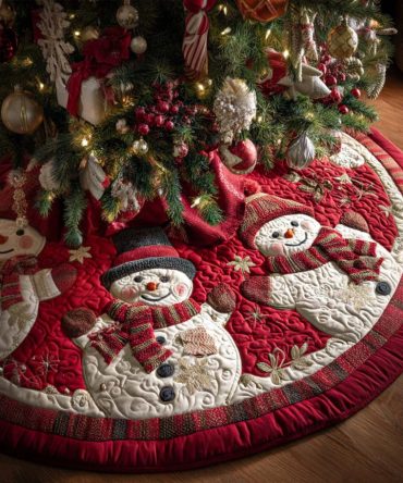 Coal Eyes Quilted Christmas Tree Skirt - Vintage Snowman Motif Holiday Tree Skirt With Charming Quilted Detailing