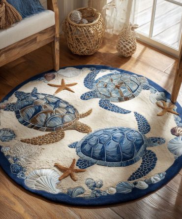 Coastal Companions Round Rug - Charming Sea Creatures Nautical Rug For Beach-Themed Entryways, Living Rooms & Porches