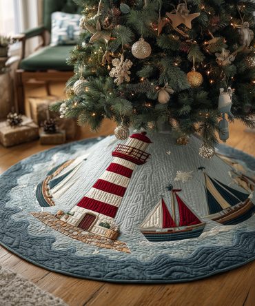 Coastal Lighthouse Quilted Tree Skirt — Seaside Christmas Accent With Classic Lighthouse Design And Durable Stitched Quilting
