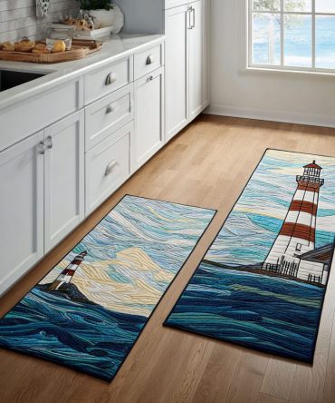 Coastal Lighthouse Nautical Kitchen Rug - Classic Lighthouse Design, Non-Slip Plush Microfiber, Machine Washable, Durable Comfort For Beach Homes