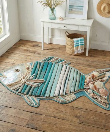 Coastal Pearl Scallop Bass Rug — Premium Coastal-Themed Custom Bass-Shaped Area Rug, Durable Non-Slip, Machine-Washable, Perfect Beach Decor