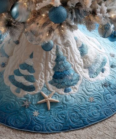 Coastal Yuletide Quilted Tree Skirt - 60In Beach-Inspired Holiday Skirt, Nautical Green & Sand Tones