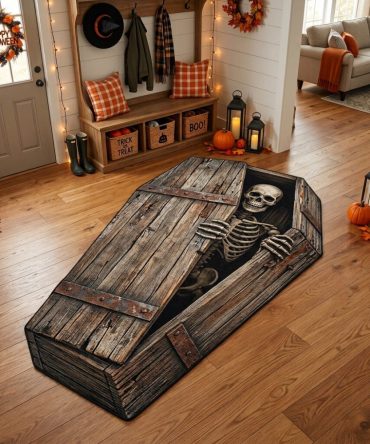 Haunted Coffin Floor Rug — Plush Custom-Shaped Gothic Coffin Area Rug For Halloween Décor, Non-Slip Entryway & Living Room Accent