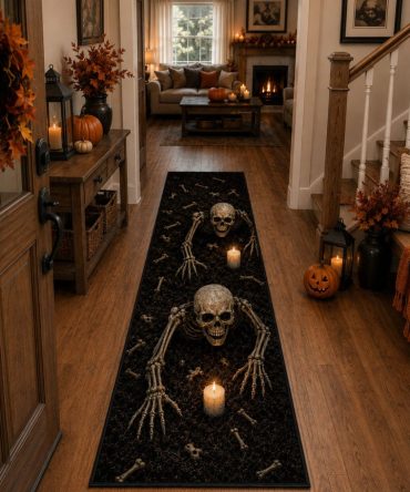Coffin Escape Runner Rug — Spooky Coffin Motif Hallway Runner Carpet For Entryway, Low-Pile Durable Accent Rug