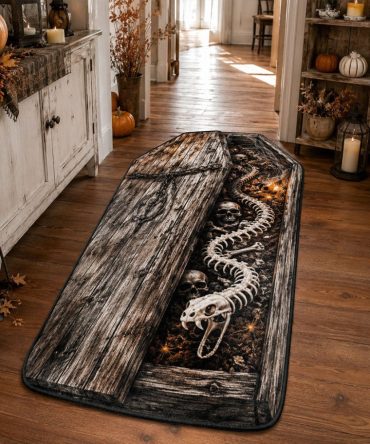 Coffin Keeper Themed Area Rug — Custom Shaped Gothic Welcome Mat For Haunted Homes, Durable, Anti-Slip, Plush Comfort