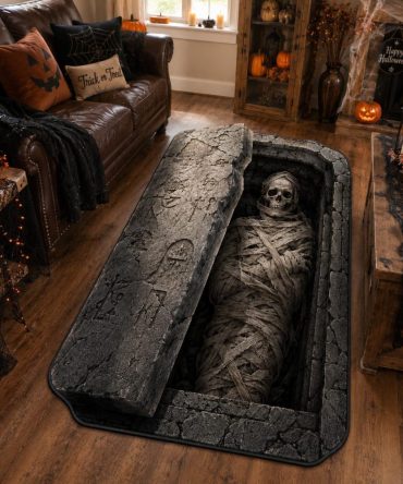 Coffin Sleeper Halloween Floor Rug — Custom Silhouette Area Mat For Gothic Entryways, Non-Slip, Fade-Resistant