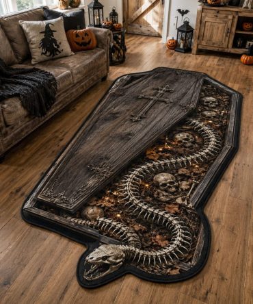 Coffin Of The Damned Decorative Floor Rug — Custom Shaped Halloween Mat With Coffin Motif, Plush, Non-Slip & Machine-Washable
