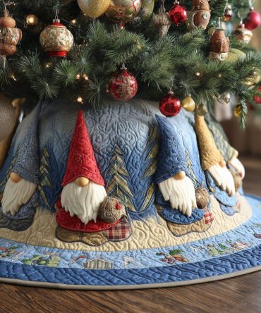 Cold Winter Gnomes Quilted Christmas Tree Skirt — Icy Decorative Gnome Skirt With Quilted Finish For Cozy Holiday Styling