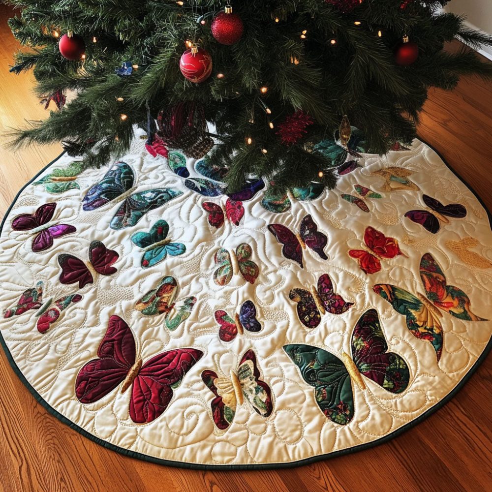 Colorful Flight Quilted Christmas Tree Skirt — Vibrant Butterfly Holiday Mat, 52-Inch Cotton, Statement Seasonal Decor