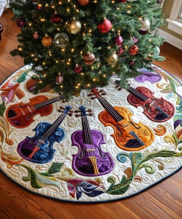 Concert-Inspired Quilted Christmas Tree Skirt — Symphony Motif, Luxury Cotton Blend, Thick Batting, Easy-Care Holiday Decor