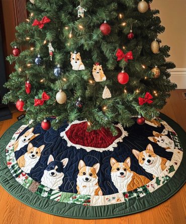 Festive Corgi Quilted Christmas Tree Skirt — Adorable Dog Illustration, Quilted Holiday Tree Base For Pet-Friendly Homes