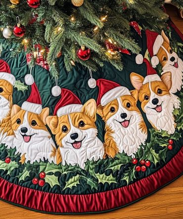 Corgi Cheer Quilted Christmas Tree Skirt — Bright Corgi Holiday Print, Soft Quilted Tree Skirt To Add Cheer To Seasonal Decor