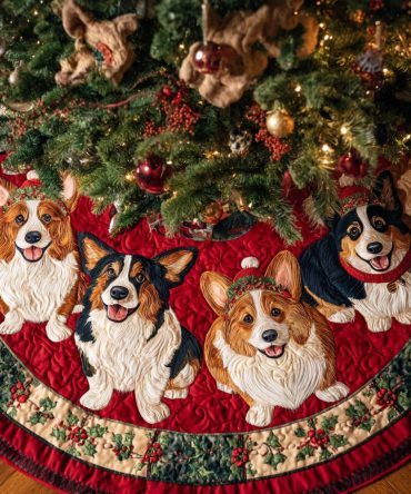 Corgi Christmas Crew Quilted Tree Skirt — Grouped Corgi Holiday Design, Quilted Tree Base Cover For Festive Pet-Themed Decor