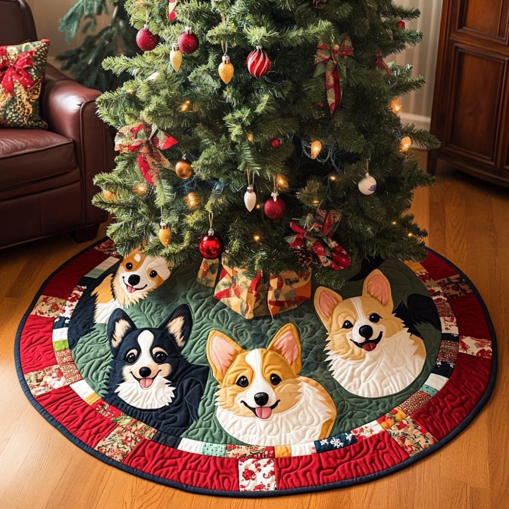 Corgi Christmas Joy Quilted Tree Skirt — Charming Holiday Pet Decor, Plush-Backed & Easy-Care Design For Festive Living Rooms And Gifts