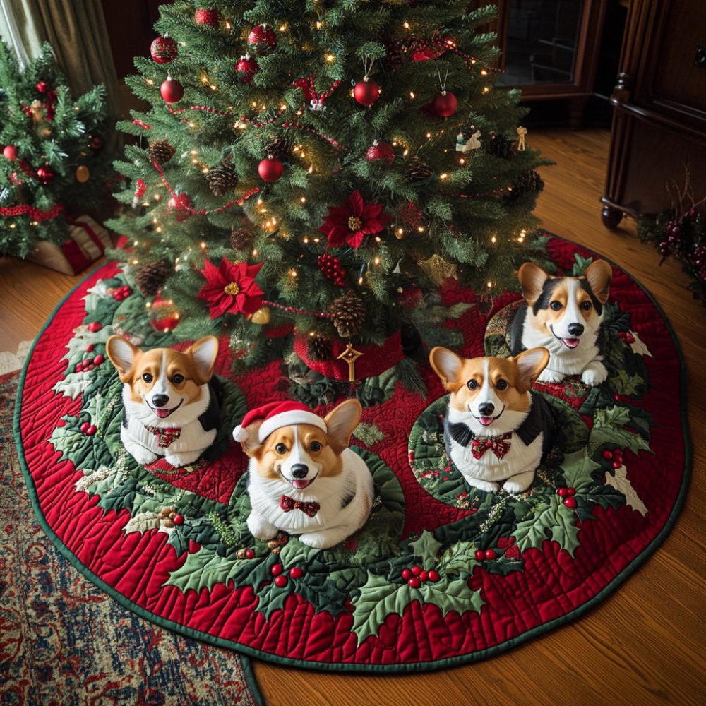 Corgi Christmas Magic Quilted Tree Skirt — Enchanting Holiday Design, Premium Fill, Colorfast Print, Easy Machine Care 48"