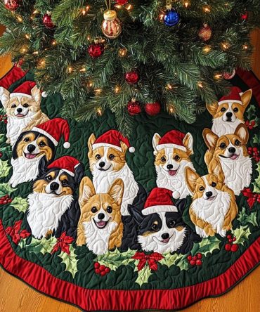 Corgi Claus Quilted Christmas Tree Skirt — Festive Santa Corgi Design, Quilted Holiday Tree Skirt To Delight Dog Lovers And Guests