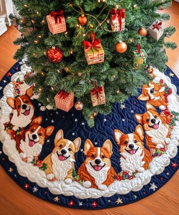 Corgi Footprints Quilted Tree Skirt — Playful Corgi Paw Print Christmas Mat, Soft Quilting & Protective Base For Festive Decorating