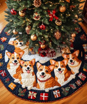Quilted Corgi Hearts Christmas Tree Skirt — Adorable Corgi Heart Design Tree Mat, Soft Backing & Gift-Ready Holiday Pet Decor