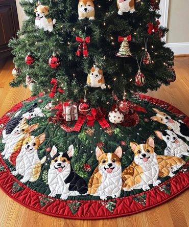 Corgi Holiday Quilted Christmas Tree Skirt With Festive Dog Pattern — Soft Cotton-Blend Tree Base, Perfect Stocking Stuffer For Dog Owners