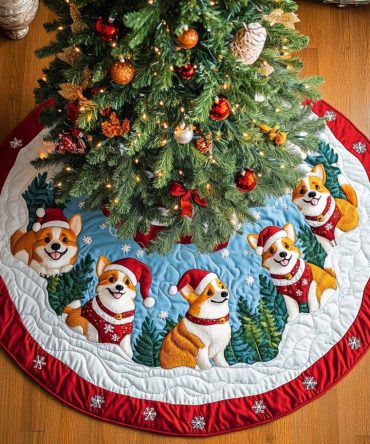 Corgi Joy Quilted Christmas Tree Skirt — Playful Corgi Holiday Tree Skirt, Quilted Accent To Brighten Seasonal Decor & Delight Dog Lovers