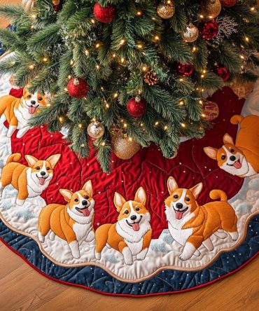 Corgi Meadows Quilted Christmas Tree Skirt — Scenic Corgi Meadow Design, Quilted Comfort & Durable Holiday Floor Cover For Pet Families