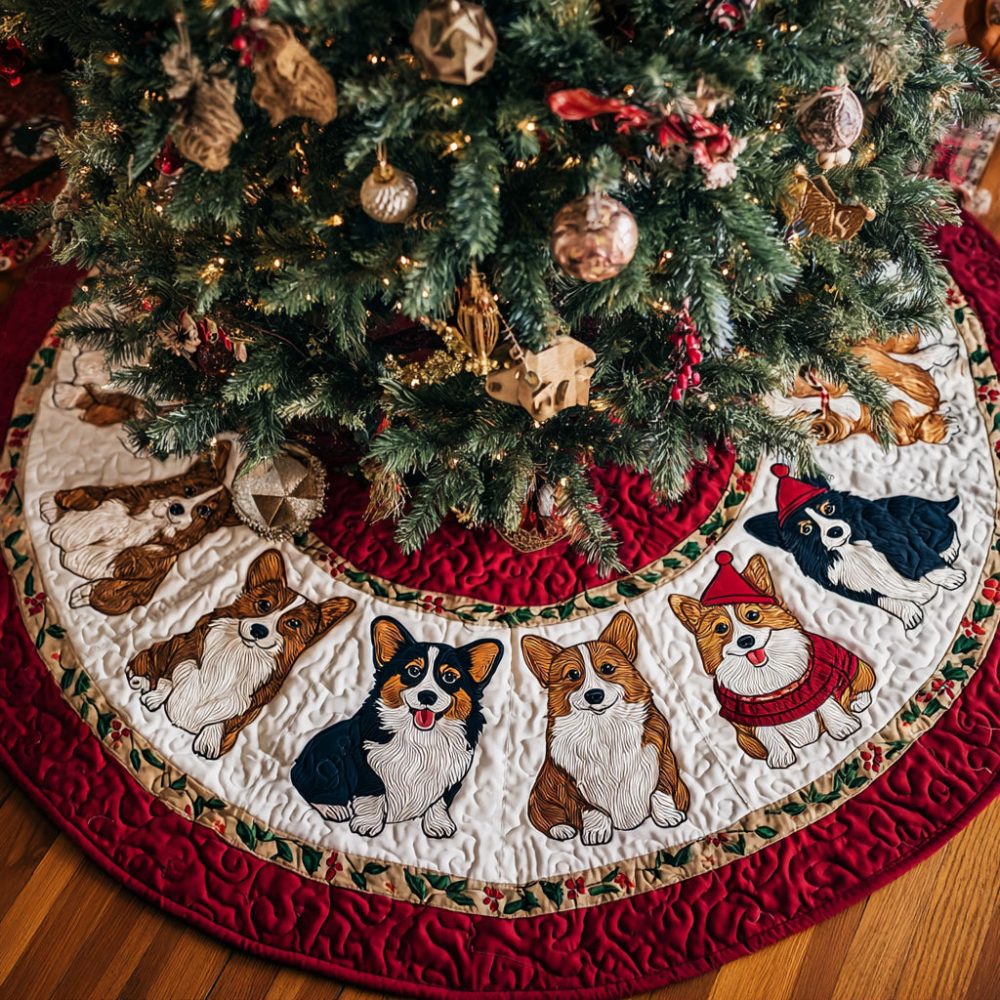 Corgi Mistletoe Quilted Tree Skirt — Mistletoe Fun Christmas Base Cover, Adorable Corgi-Themed Quilted Holiday Decor & Gift