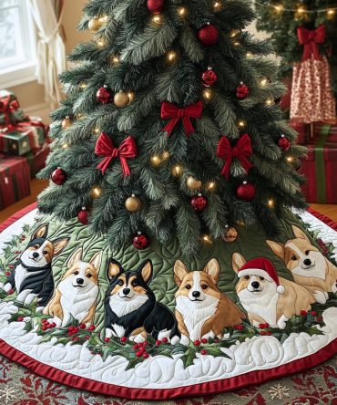 Corgi Wonderland Quilted Christmas Tree Skirt — Reversible Plush Holiday Centerpiece, Stain-Resistant, 48" Diameter