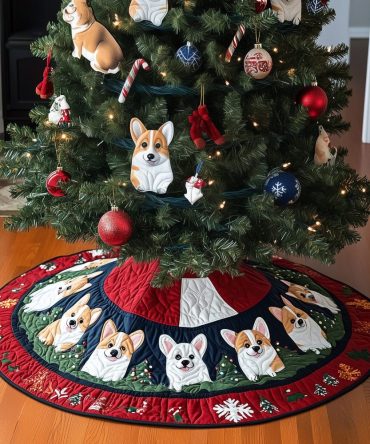 Corgi Xmas Quilted Christmas Tree Skirt — Whimsical Holiday Dog Design, Cozy Quilted Tree Base, Great Gift For Corgi Fans