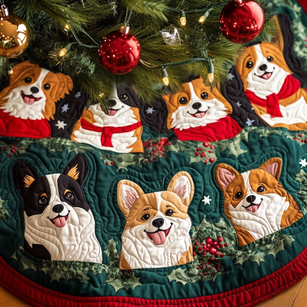 Yuletide Corgi Charm Quilted Tree Skirt — 48In Holiday Floor Cover With Adorable Corgi Motifs & Soft Padding
