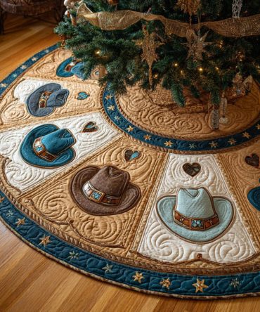 Cowboy Hats Quilted Christmas Tree Skirt — Western Cowboy Hat Motif, Quilted Holiday Tree Mat, Rustic Charm, Durable & Easy-Care For Themed Decor