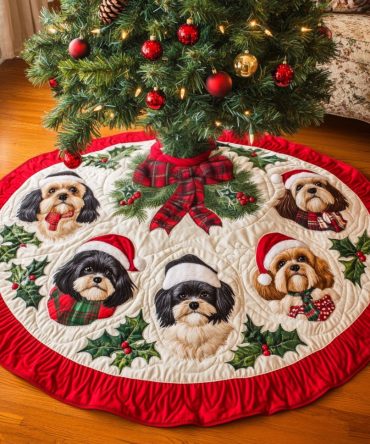 Cozy Quilted Shih Tzu Christmas Tree Skirt — Warm Holiday Tree Mat, Soft Padding, Easy-Care Design For Snug Seasonal Home Styling And Gifts