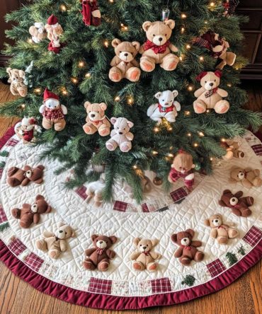 Cozy Quilted Christmas Tree Skirt With Bear Haven Motif - Plush Holiday Mat, Cotton-Blend Padding For Warm Festive Decor