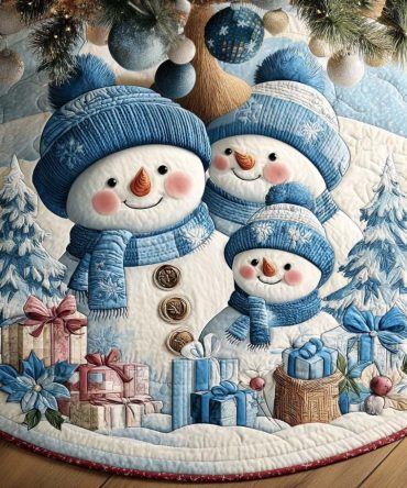 Cozy Blue Quilted Christmas Tree Skirt With Snow Family Motif - Plush Holiday Tree Base Cover To Enhance Seasonal Warmth