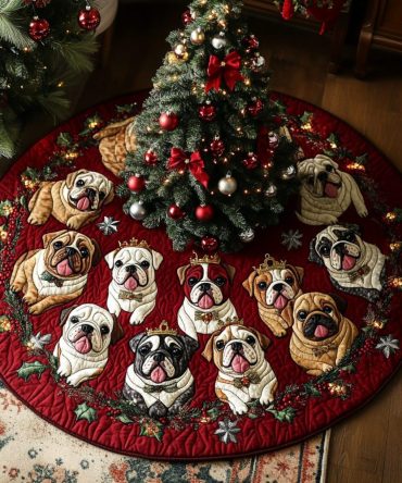 Cozy Quilted Bulldog Christmas Tree Skirt – Warm Holiday Patchwork Decor, Durable Cotton-Blend Skirt, Great Gift For Dog Lovers And Seasonal Styling