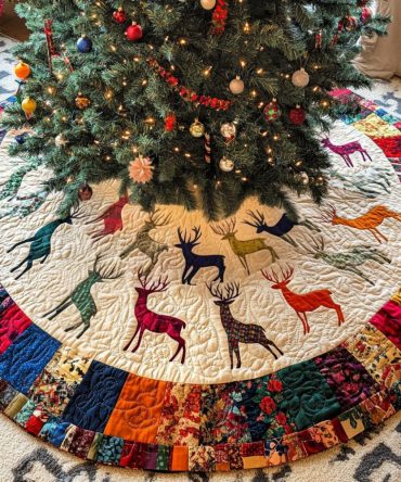 Cozy Companions Quilted Tree Skirt - Charming Critter Motifs, Soft Warm Lining, Pet-Friendly Holiday Decor, Easy-Install Tie For Family Homes