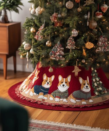 Cozy Corgi Crew Quilted Tree Skirt – 48-Inch Festive Christmas Skirt With Playful Corgi Crew Illustration, Durable & Washable