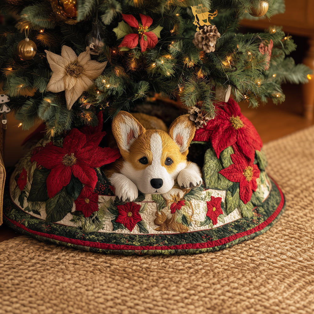 Cozy Corgi Nest Quilted Tree Skirt – 48-Inch Christmas Tree Skirt With Adorable Corgi Nesting Design, Soft Backing, Easy Care