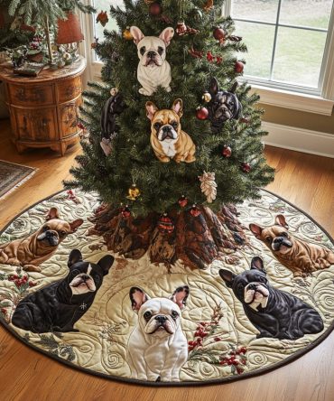 Cozy Frenchie Eve Quilted Tree Skirt - Warm Holiday Decor For French Bulldog Fans, Soft Quilted Christmas Foundation
